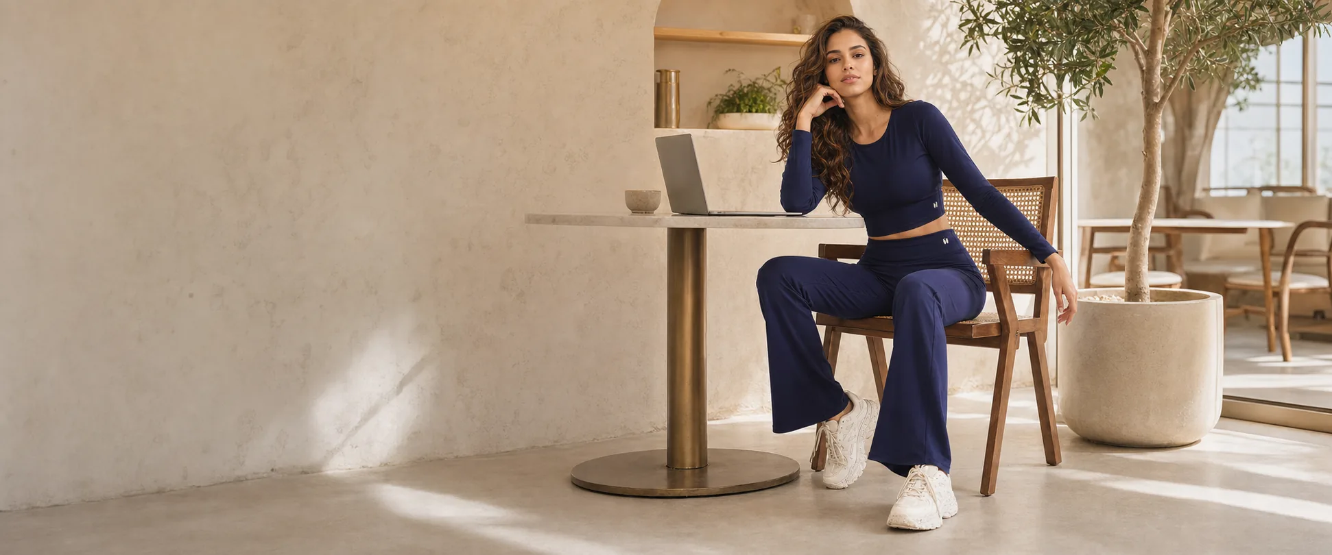YellowCrop navy activewear styled for cafe work
