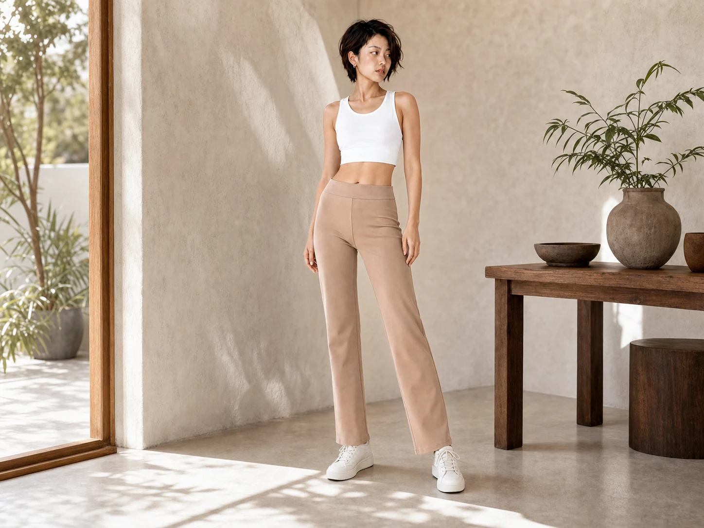 YellowCrop white support top and Khaki Straight Pants styled at home